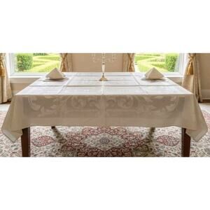 VTG White Damask Metallic Home Dining Tablecloth & Napkins 49.5"x48.5" & 12"x12"